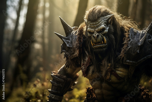 Ai generated highly detailed picture of orc warrior horrible game personage in a mystical forest