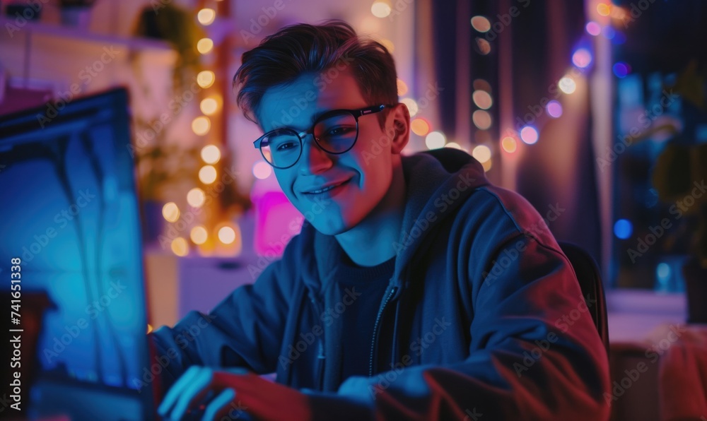 Young man cheerful smiling programmer or influencer wearing reading glasses working from cozy home using his laptop and decorated aparment with LED lights