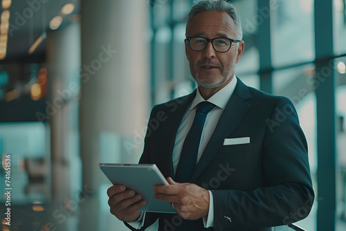 Business man wearing suit standing in office using digital tablet