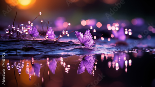 Papillons violets volant au dessus de l'eau. Lumière, reflet, couleurs. Ambiance magique, naturelle. Beauté et calme. Pour conception et création graphique