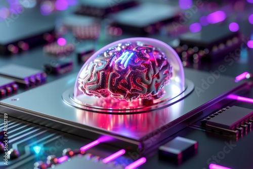 AI Brain Chip healthtech implementation. Artificial Intelligence thin film deposition mind axonal transport proteins axon. Semiconductor lstm circuit board financial informatics photo