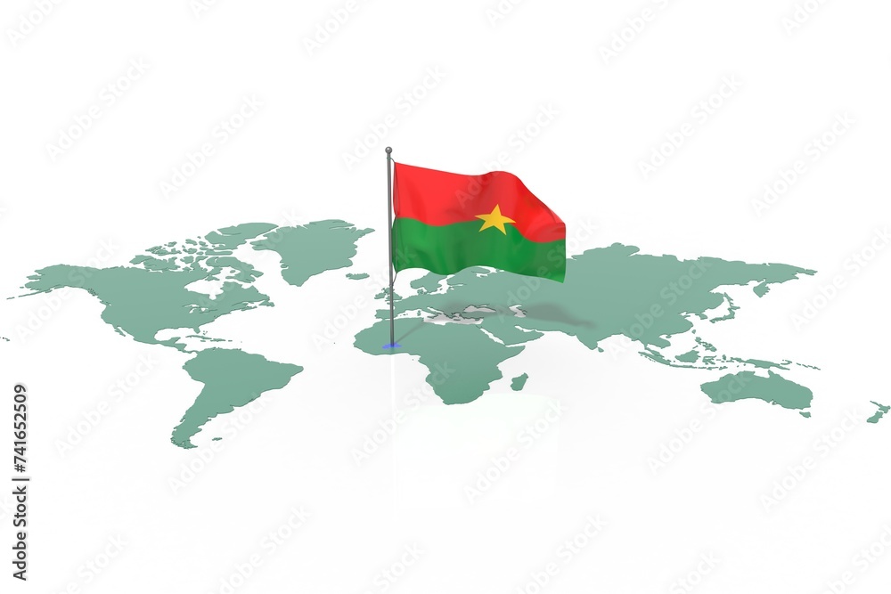Fototapeta premium Mappa Terra con evidenziato la nazione Burkina Faso e bandiera al vento