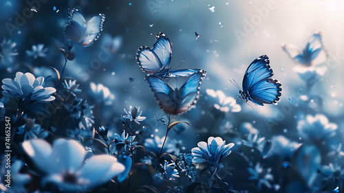 Gossamer wings of butterflies fluttering amidst a garden of sapphire blooms, ethereal delight. on transparent background.   ©    Laiba Rana