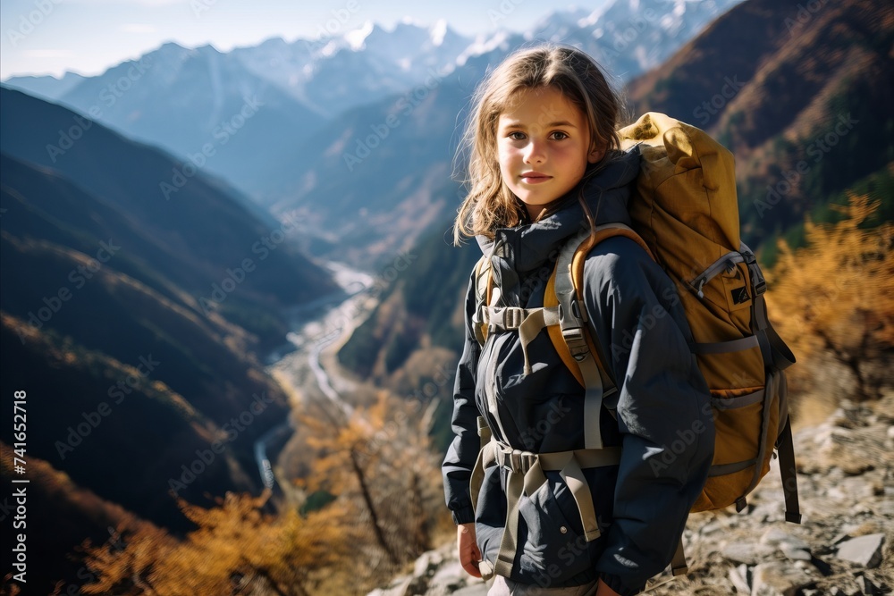 Cute little girl with big backpack on the background of mountains.