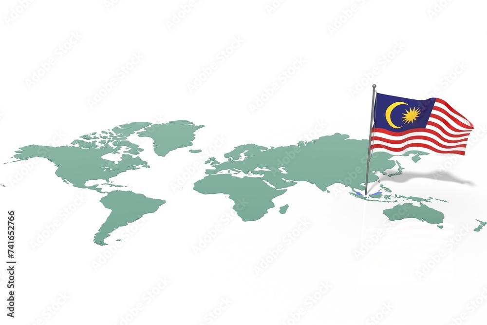 Obraz premium Mappa Terra con evidenziato la nazione Malaysia e bandiera al vento