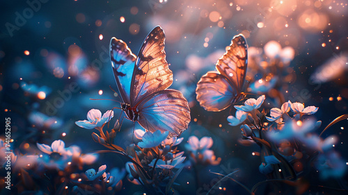 Gossamer wings of butterflies fluttering amidst a garden of sapphire blooms, ethereal delight. on transparent background.   photo