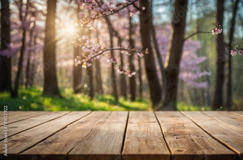 wooden table and spring forest background