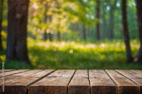 wooden table and spring forest background