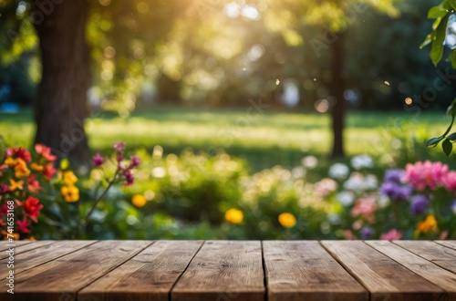 wooden table and spring garden background