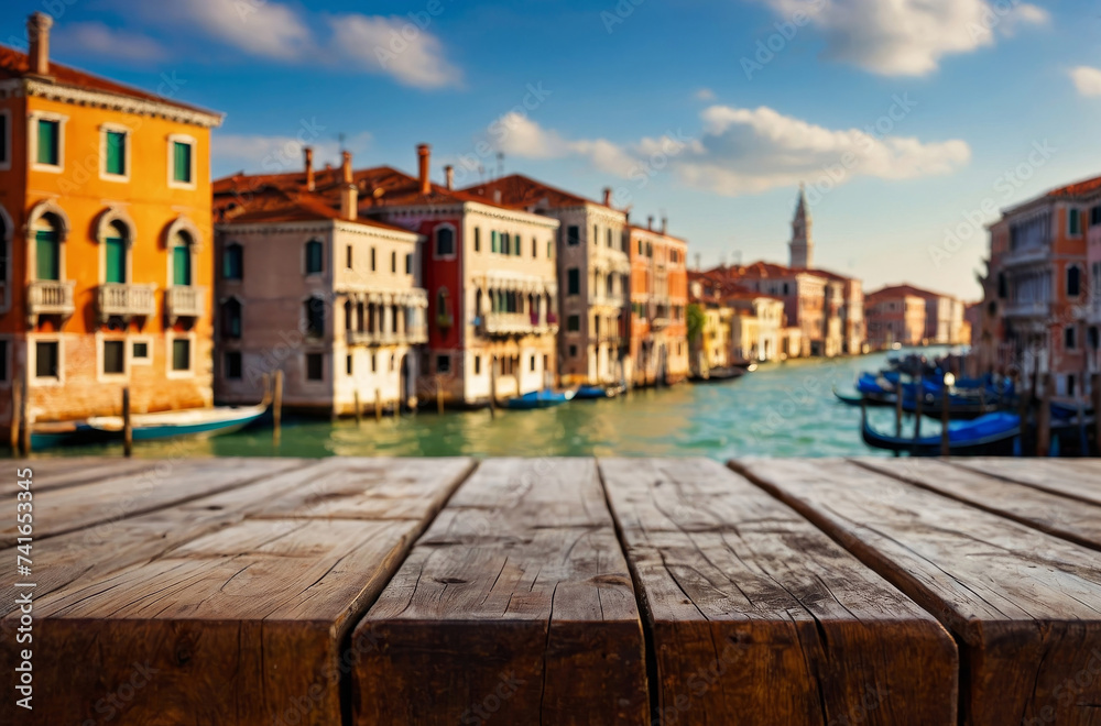wooden table and Venice city background