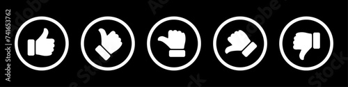 Rating and feedback thumb symbol set in white circle outline. Satisfied, unsatisfied, neutral review icon set for voting and surveys. Excellent, good, average, poor, bad rating thumb icon set.