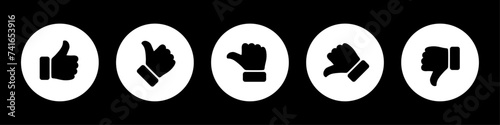 Rating and feedback thumb symbol set in black and white color. Satisfied, unsatisfied, neutral review icon set for voting and surveys. Excellent, good, average, poor, bad rating thumb icon set.