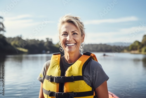 Portrait of happy senior woman in life jacket looking at camera and smiling while standing on kayak on lake © Nerea