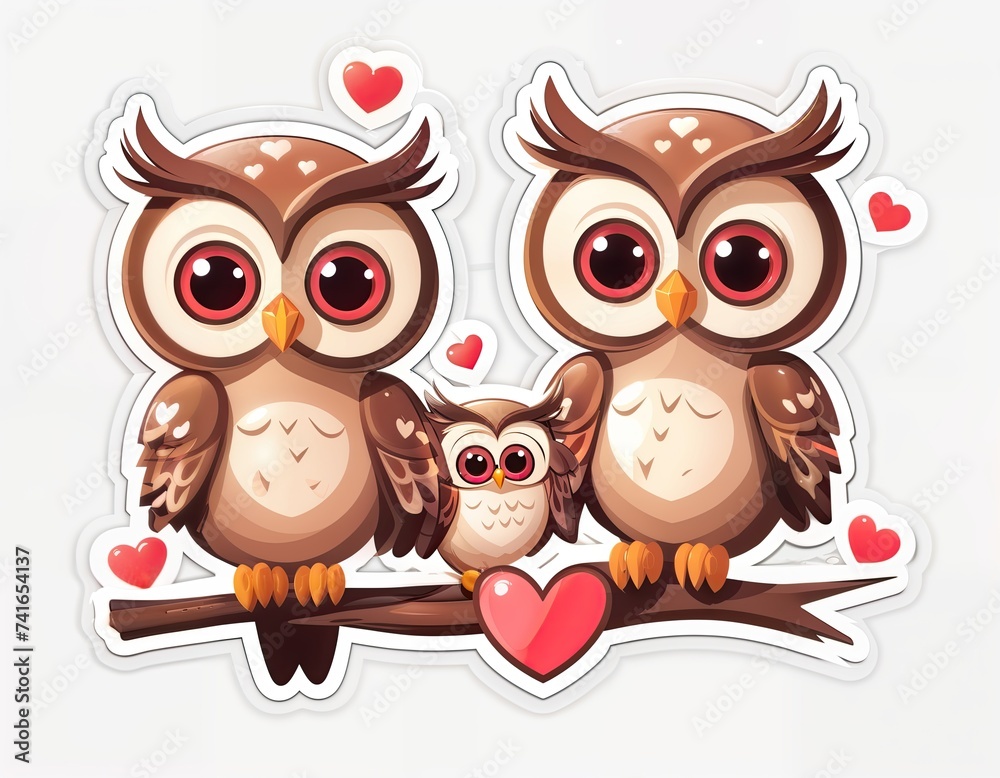 sticker with a family of three owls. The two adult owls are either side of their baby owl