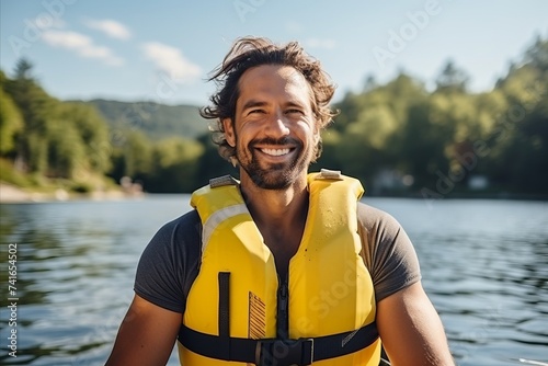 Portrait of a happy man in a life jacket on a lake © Nerea