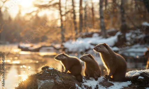 group of minks at the forest river bank with sunset .Generative AI photo