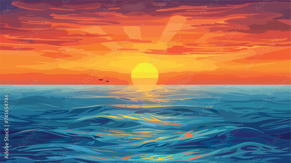 Sunset over the ocean vector simple 3d smooth cut