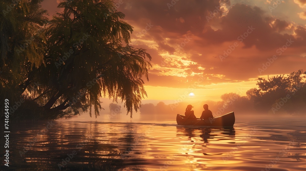 At the water's edge, a father and child embark on a serene canoe journey along a tranquil river,