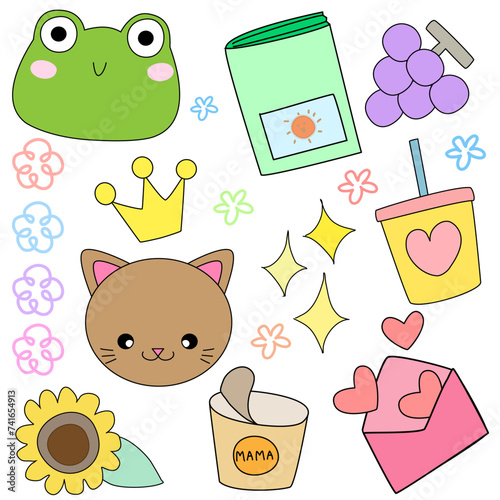 Cute cat, flowers, sweets and other elements. Vector illustration.
