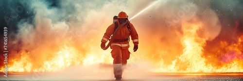 Firefighters battle with water and extinguishers. AI generated