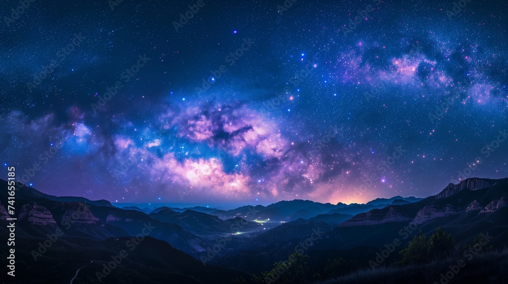 A breathtaking panorama of the Milky Way galaxy stretched across the night sky, showcasing the vastness of space over a serene desert landscape.