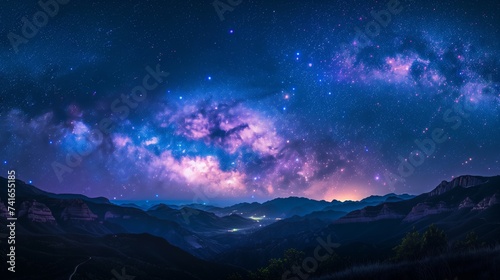 A breathtaking panorama of the Milky Way galaxy stretched across the night sky  showcasing the vastness of space over a serene desert landscape.