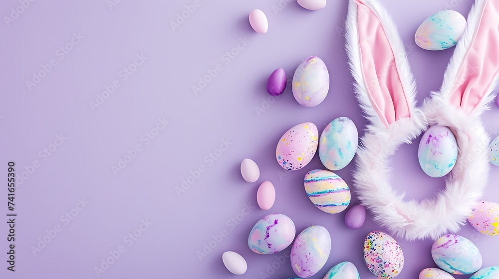 Easter concept. Top view photo of fluffy bunny ears and colorful easter eggs on isolated lilac background with copyspace Easter concept. Top view photo of fluffy bunny ears and colorful easter eggs on isolated lilac background with copyspace