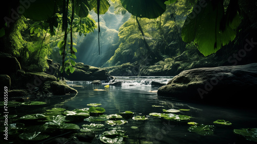 Paysage d'un forêt tropicale, avec arbres et rivière. Ambiance tropicale, humide, chaleur. Nature sauvage, rocher, végétation. Pour conception et création graphique. photo