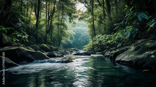 Paysage d'un forêt tropicale, avec arbres et rivière. Ambiance tropicale, humide, chaleur. Nature sauvage, rocher, végétation. Pour conception et création graphique.