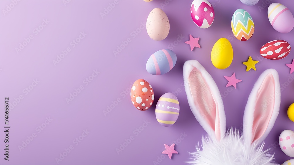 Easter concept. Top view photo of fluffy bunny ears and colorful easter eggs on isolated lilac background with copyspace