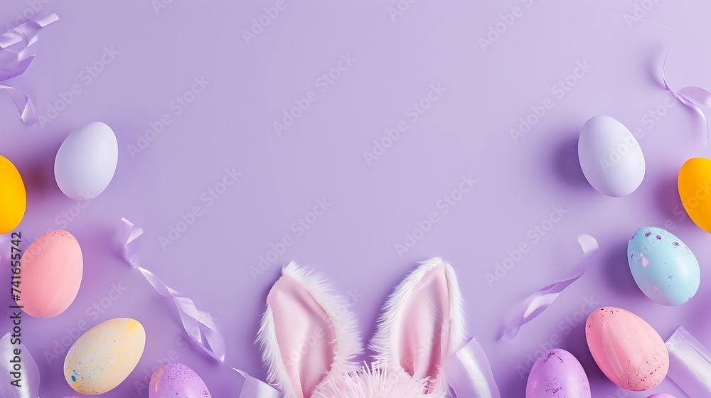 Easter concept. Top view photo of fluffy bunny ears and colorful easter eggs on isolated lilac background with copyspace