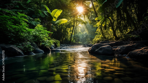 Paysage d'un forêt tropicale, avec arbres et rivière. Ambiance tropicale, humide, chaleur. Nature sauvage, rocher, végétation. Pour conception et création graphique. photo