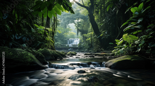 Paysage d'un forêt tropicale, avec arbres et rivière. Ambiance tropicale, humide, chaleur. Nature sauvage, rocher, végétation. Pour conception et création graphique.