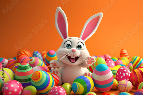 Cute white Easter bunny with colorful holiday eggs on an orange background