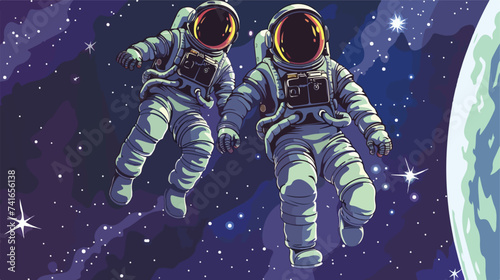Two astronauts in the space cartoon vector illustration