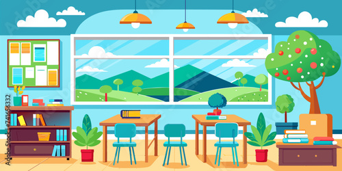 A school classroom with desks and chairs. Next to the view from the window. Vector illustration