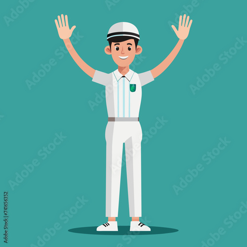 A male golf umpire stands with a white uniform with his hands in the air. Vector illustration