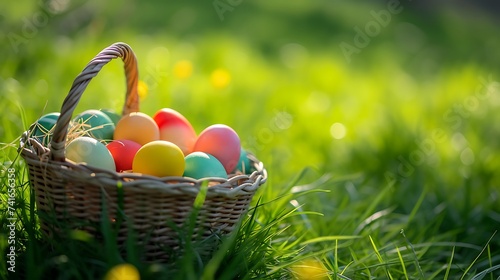 Easter eggs in basket on green meadow