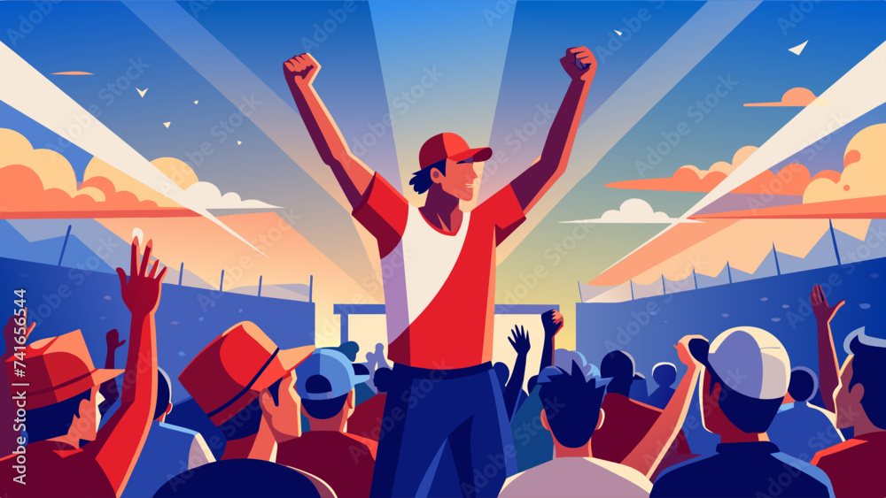A crowd of people celebrating the victory of their favorite sports team. A man waves his hands and shouts slogans of support. Vector illustration