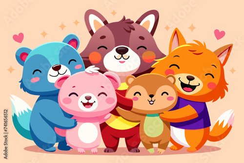 siblings animals hugging and smiling happily. Beaver, fox, raccoon and bear are having fun. Cartoon vector art 