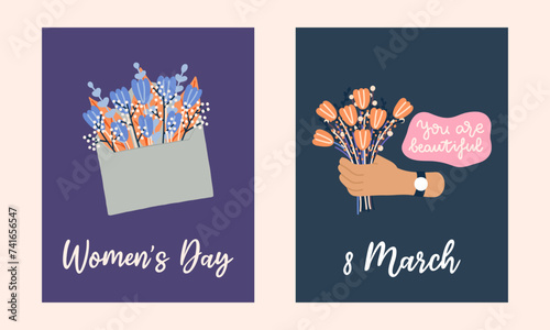 March 8 Postcard Set. World Women's Day. Hand drawn flat cartoon elements. Vector illustration