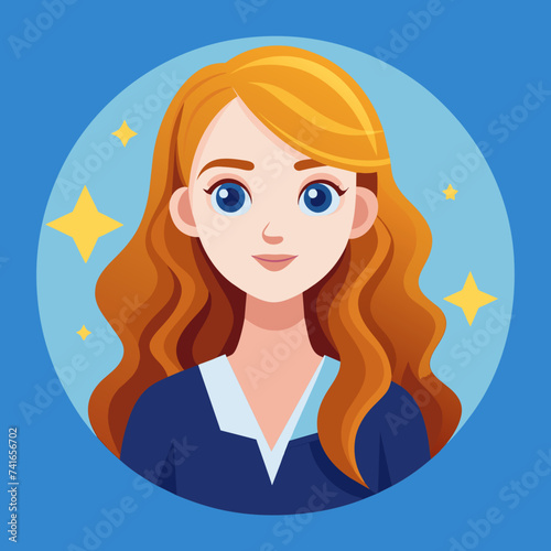 Framed portrait of a young redheaded cute girl with long wavy hair wearing a blue blouse. Vector illustration 