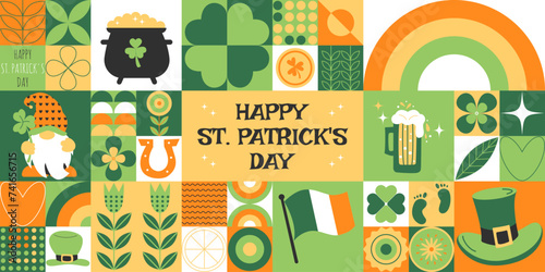 St.Patricks Day modern mosaic background for cover, poster, banner. Geometric abstract pattern for traditional Irish holiday. Vector background with leprechaun hat, clover, coins, beer, simple forms  