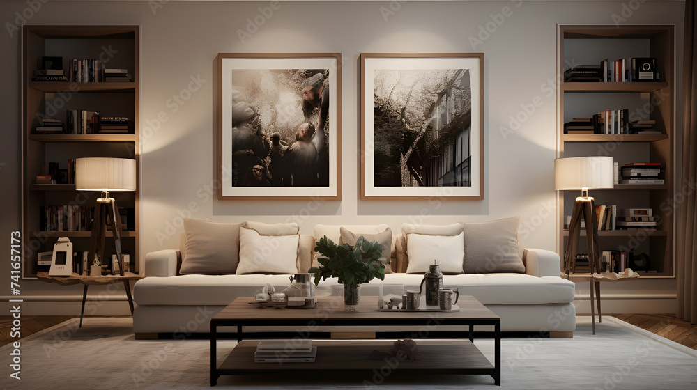 Fototapeta premium modern living room with white sofa and frames.