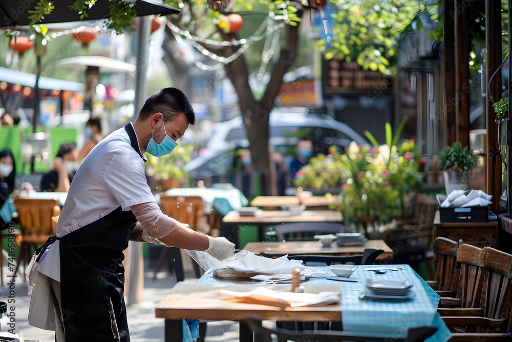 waiter with protective mask work in a restaurant waiter with protective mask work in a restaurant