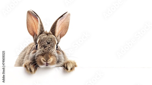 Rabbit looking over a signboard. Isolated on white background © Zain