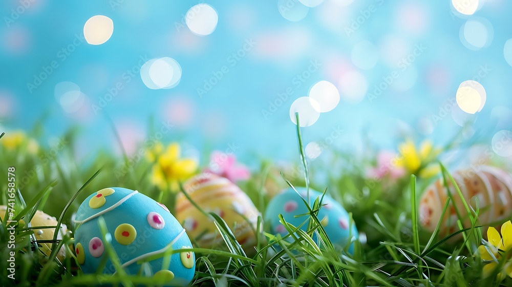 Easter eggs in grass against blue blooming background. Spring holidays concept. Easter eggs in grass against blue blooming background. Spring holidays concept.