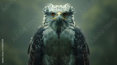 Harpy Eagle in the Rain, A majestic harpy eagle endures a rain shower, its feathers glistening with droplets as it exhibits a fierce determination in its gaze, against a somber, misty backdrop. photo