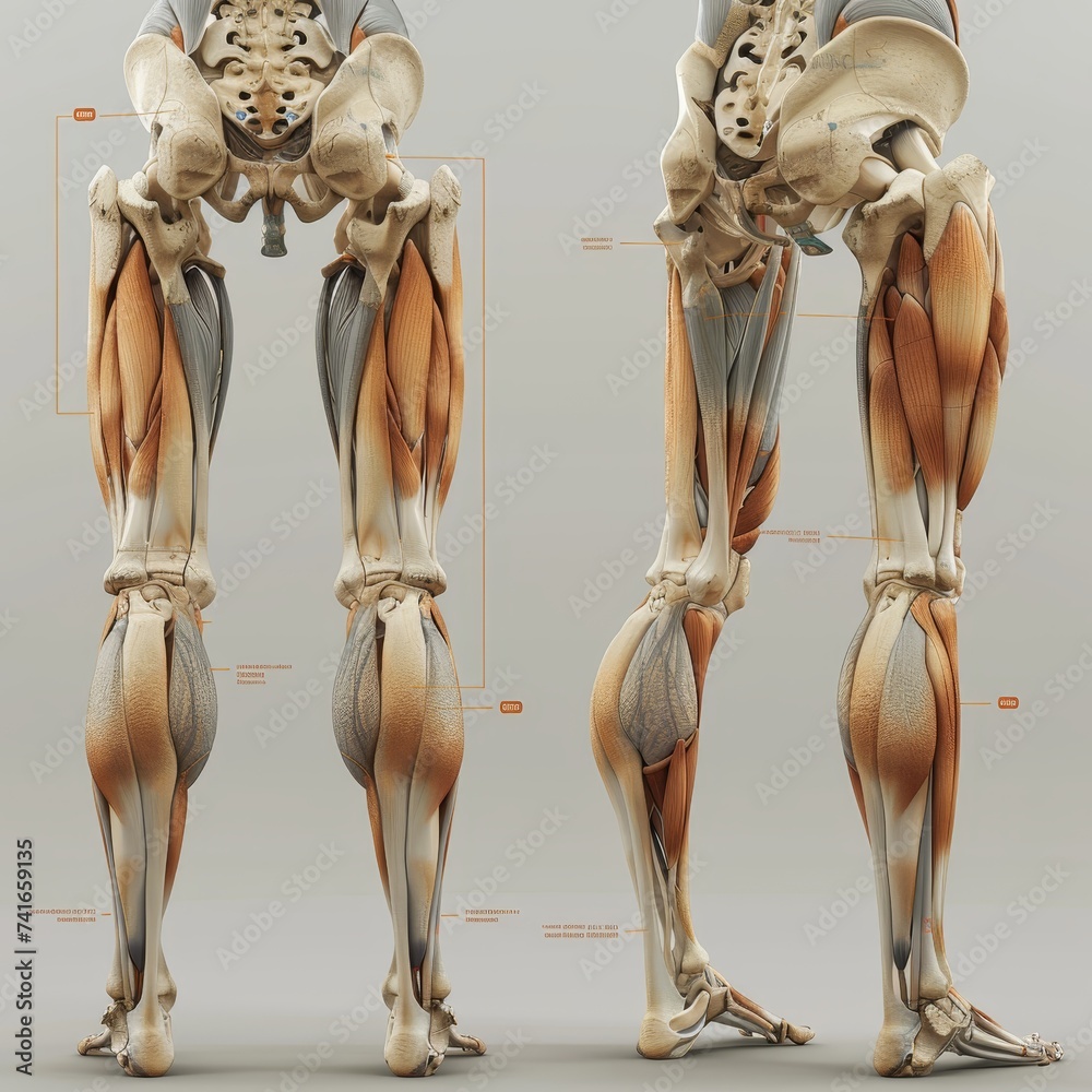 Four-view illustration of the human lower limb musculature and skeletal structure with labeled anatomical details. Four-view illustration of the human lower limb musculature and skeletal structure with labeled anatomical details.