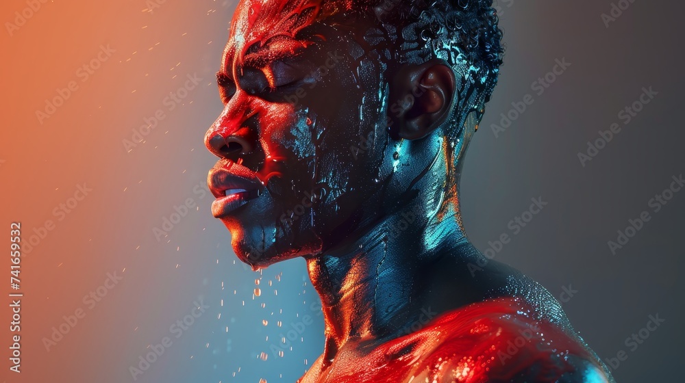 A striking profile of a man with half his face illuminated by a fiery glow and the other half by a cool blue, representing fire and water elements.